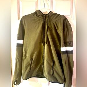 PINK Victoria's Secret Ultimate Zip Up Hoodie Olive Green Varsity Stripe L